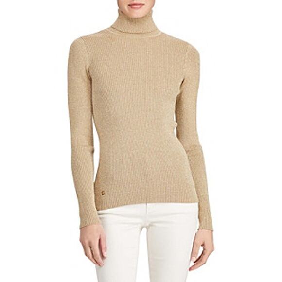 Ralph Lauren Women's Metallic Ribbed Turtleneck Sweater in Luxe Gold Lurex L